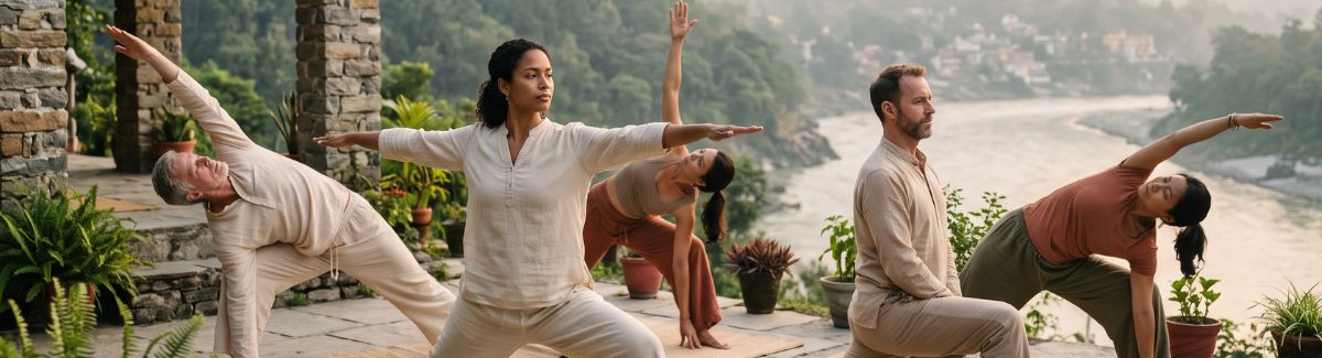 Yoga teacher training practice at Yovra in Rishikesh