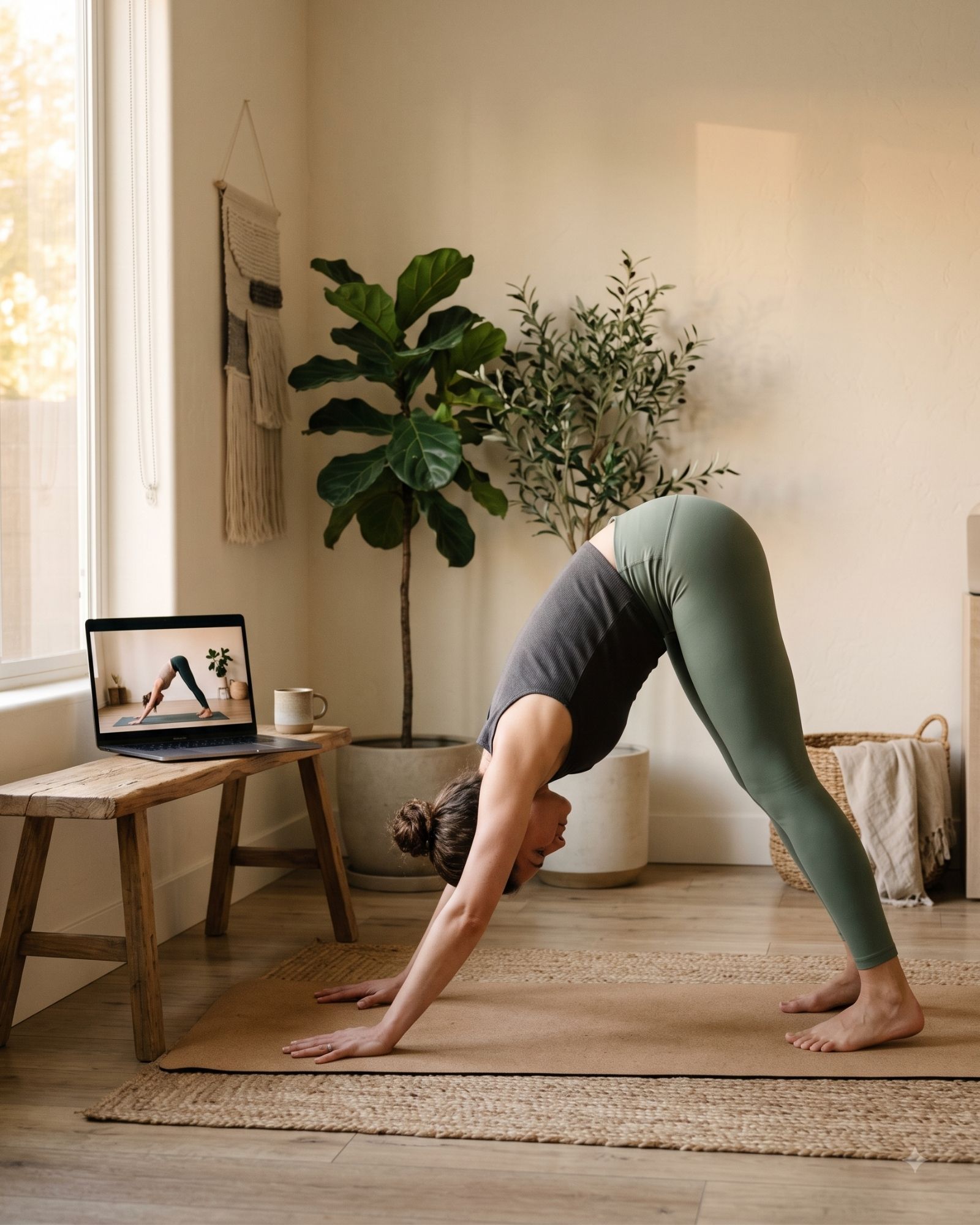 Online yoga teacher training with student practicing yoga at home